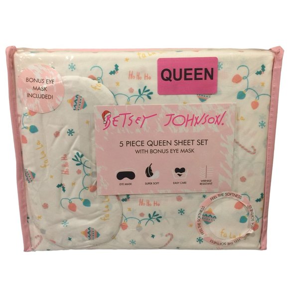 Betsey Johnson Pastel Holiday Queen Sheet Set with Eye Mask Lights Ornaments